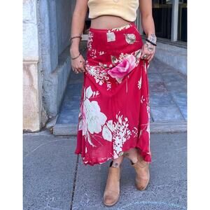 Oilily Red Floral Maxi Skirt 100% Viscose Made in Hungary Boho Cottagecore